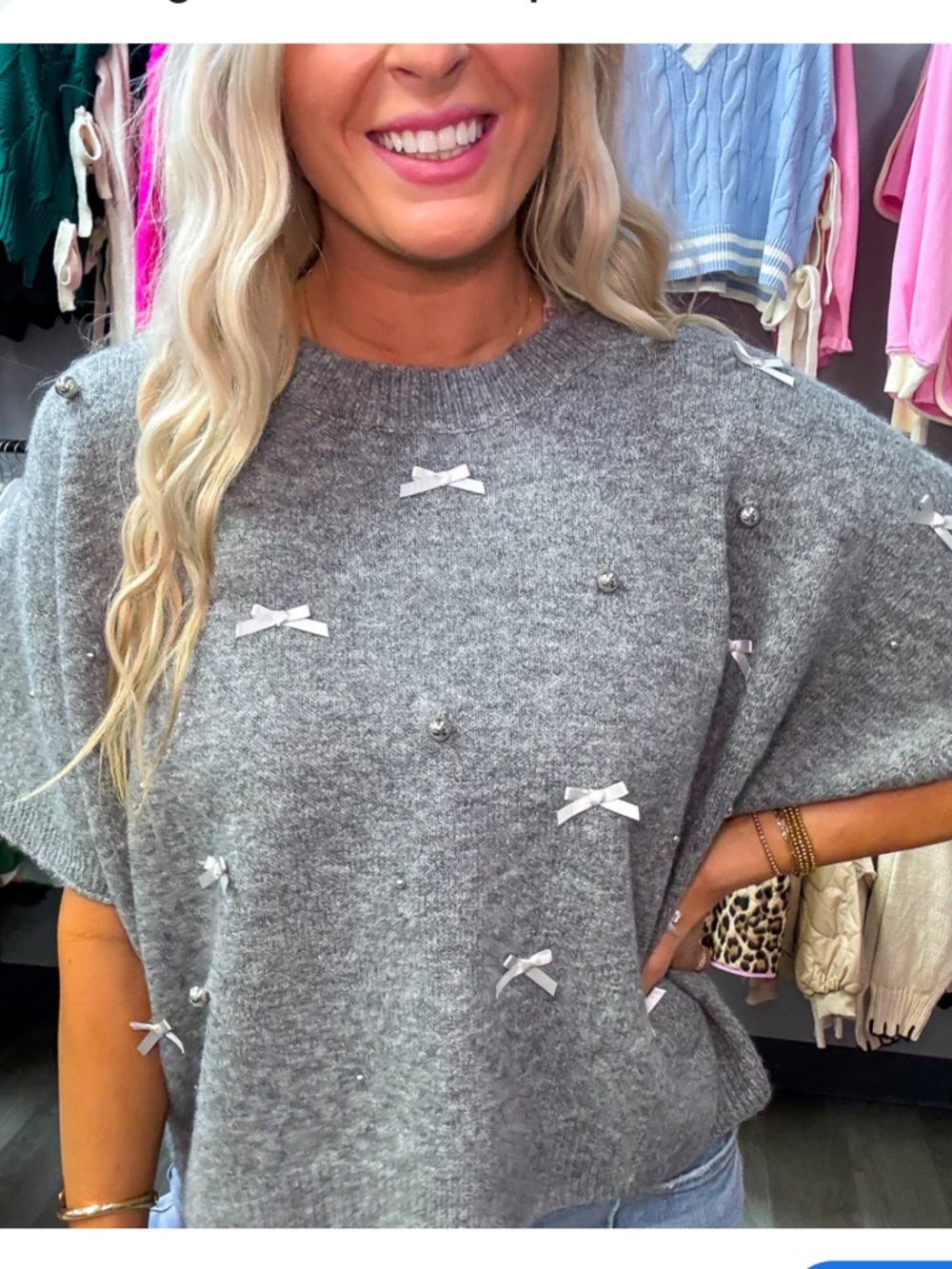 Entro  medium Silver Beaded Pearl and Bow
Gray Sweater